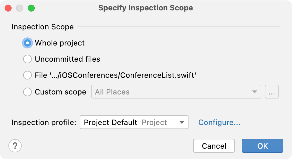 The Specify Inspection Scope dialog