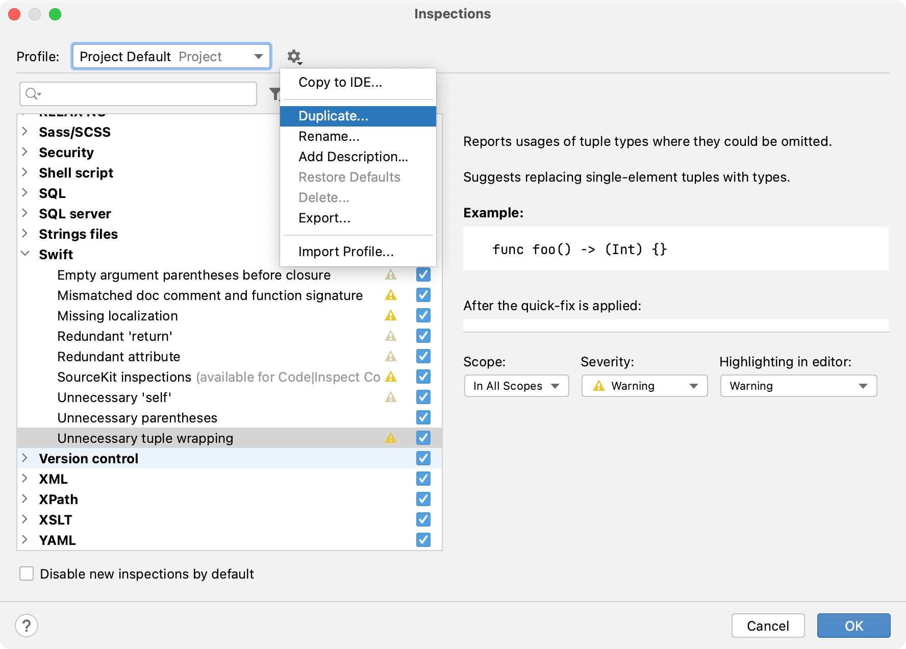 Duplicating a profile