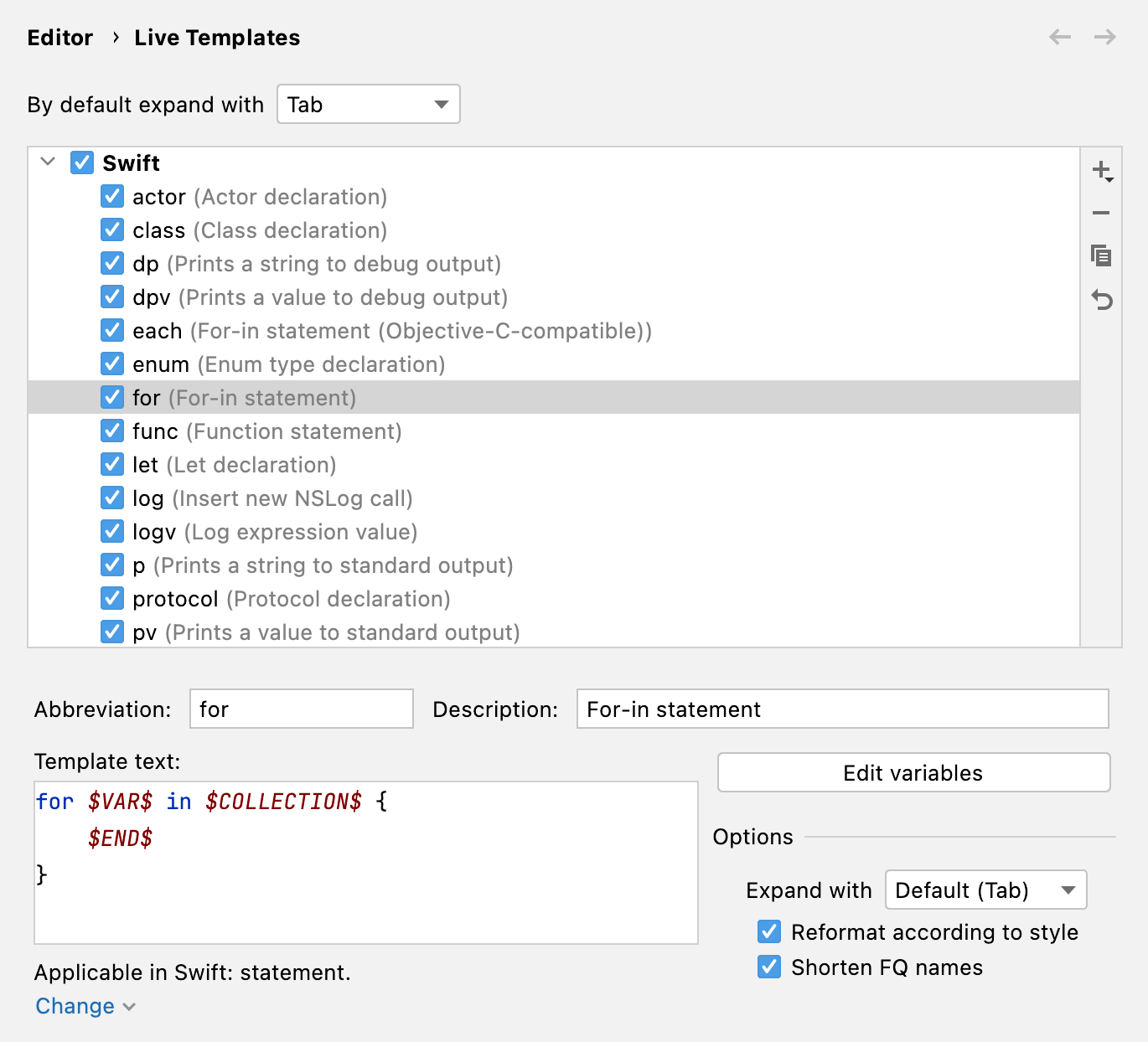 Live template preferences