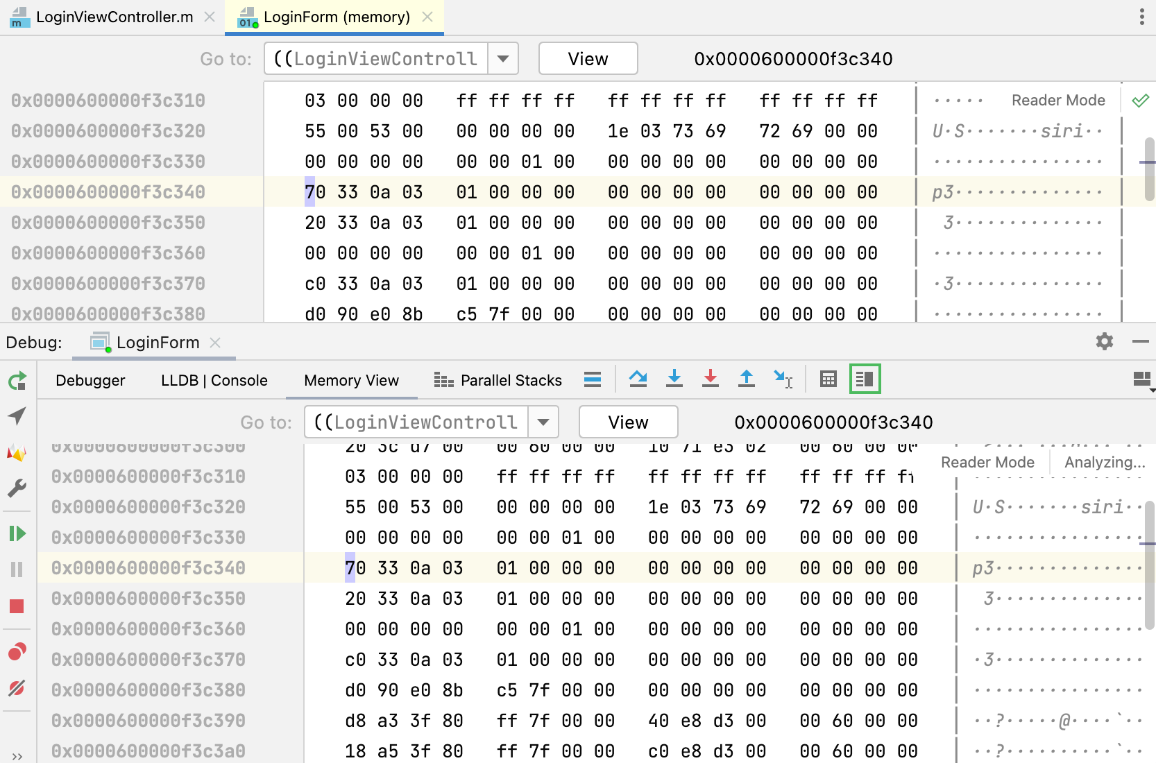 Memory view in the editor