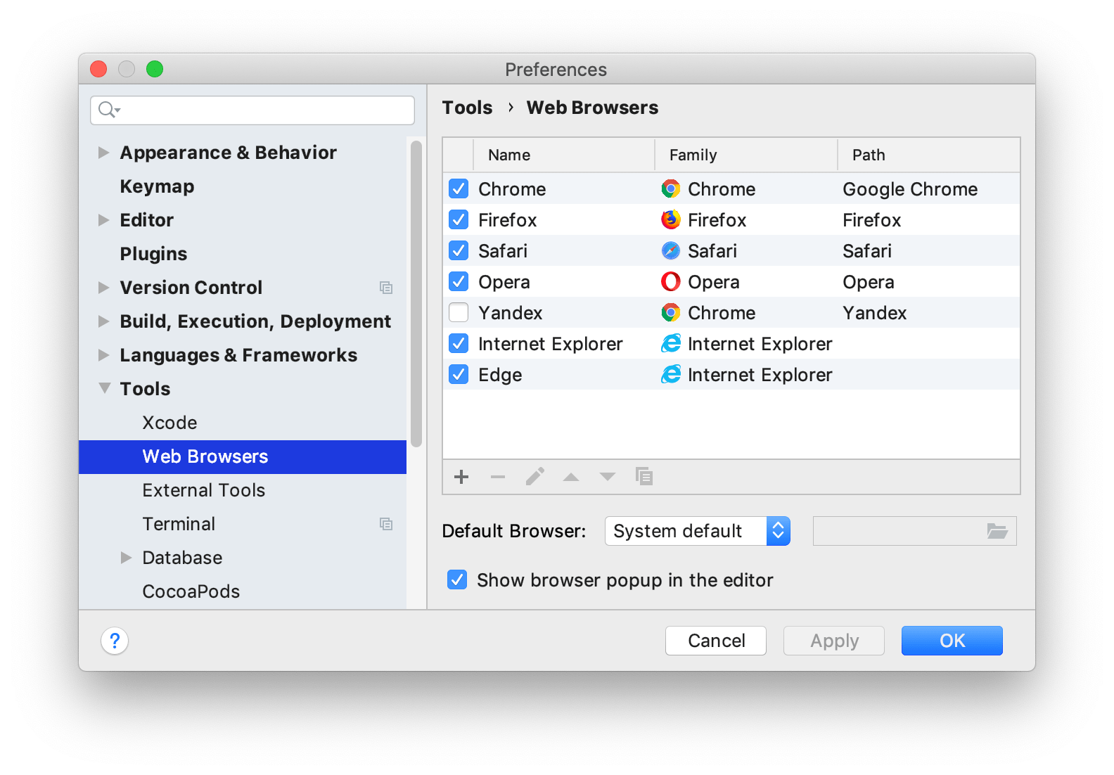 The Web Browsers page in Preferences