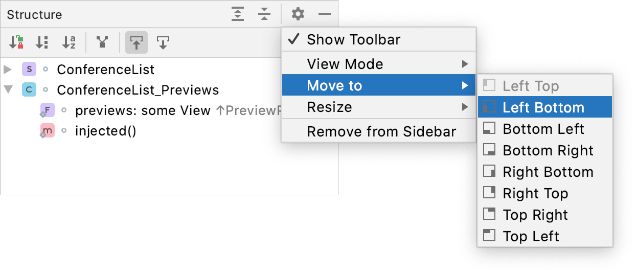 Tool window options menu: Move to