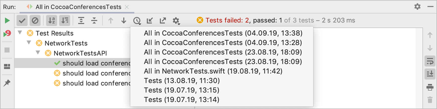 Viewing results of previous tests