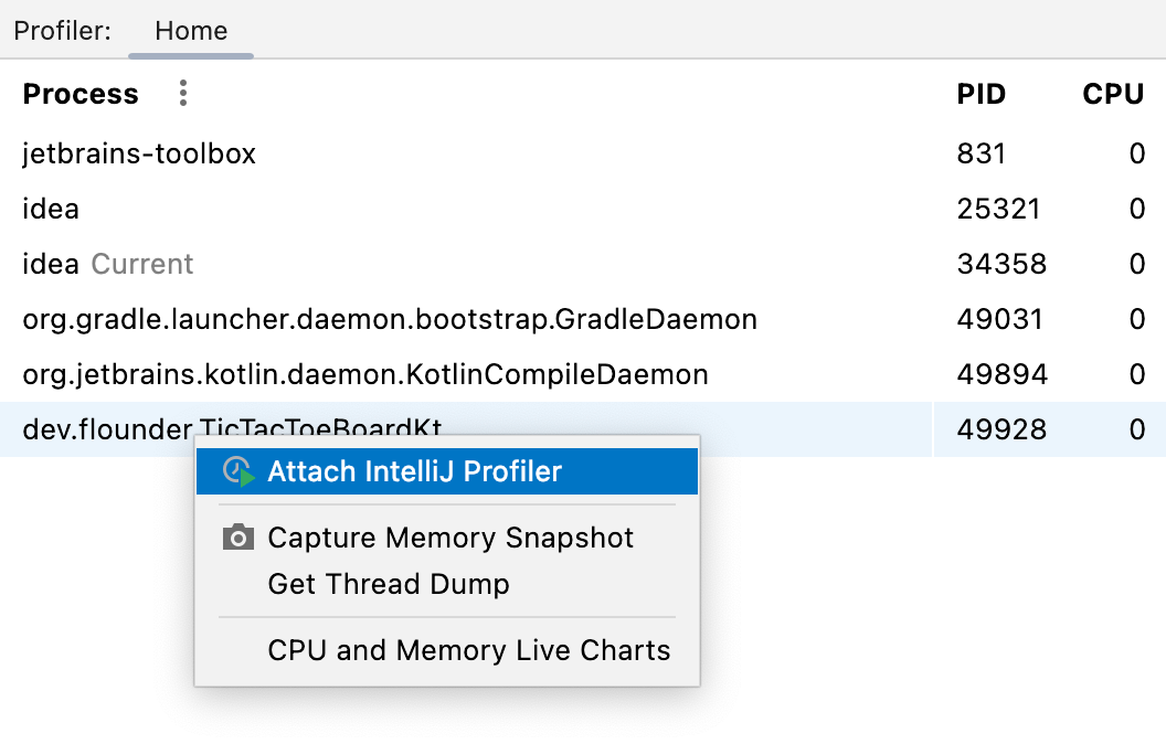 A menu appears on right-clicking a process allowing you to attach the profiler to it