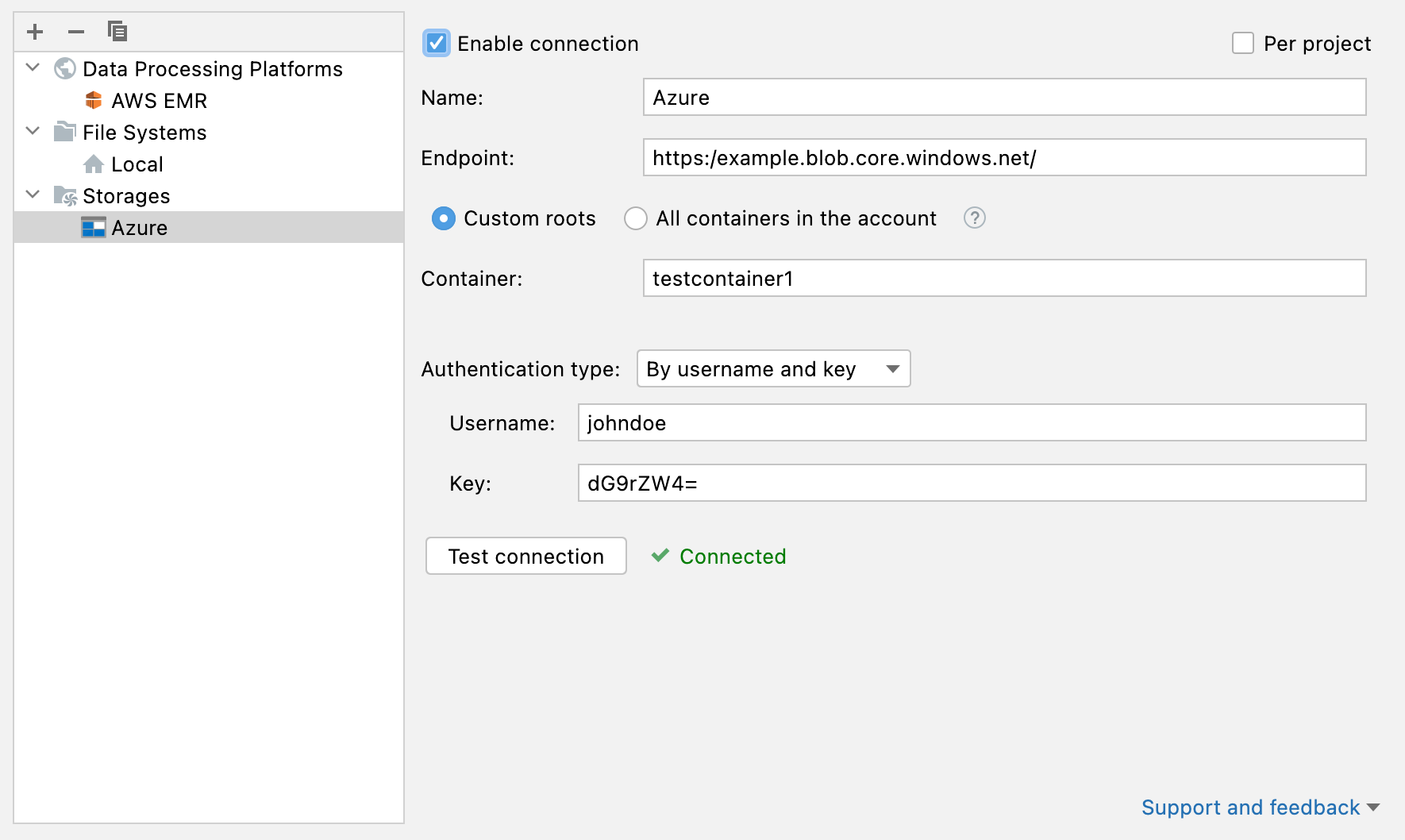 Connection settings for Azure Storage