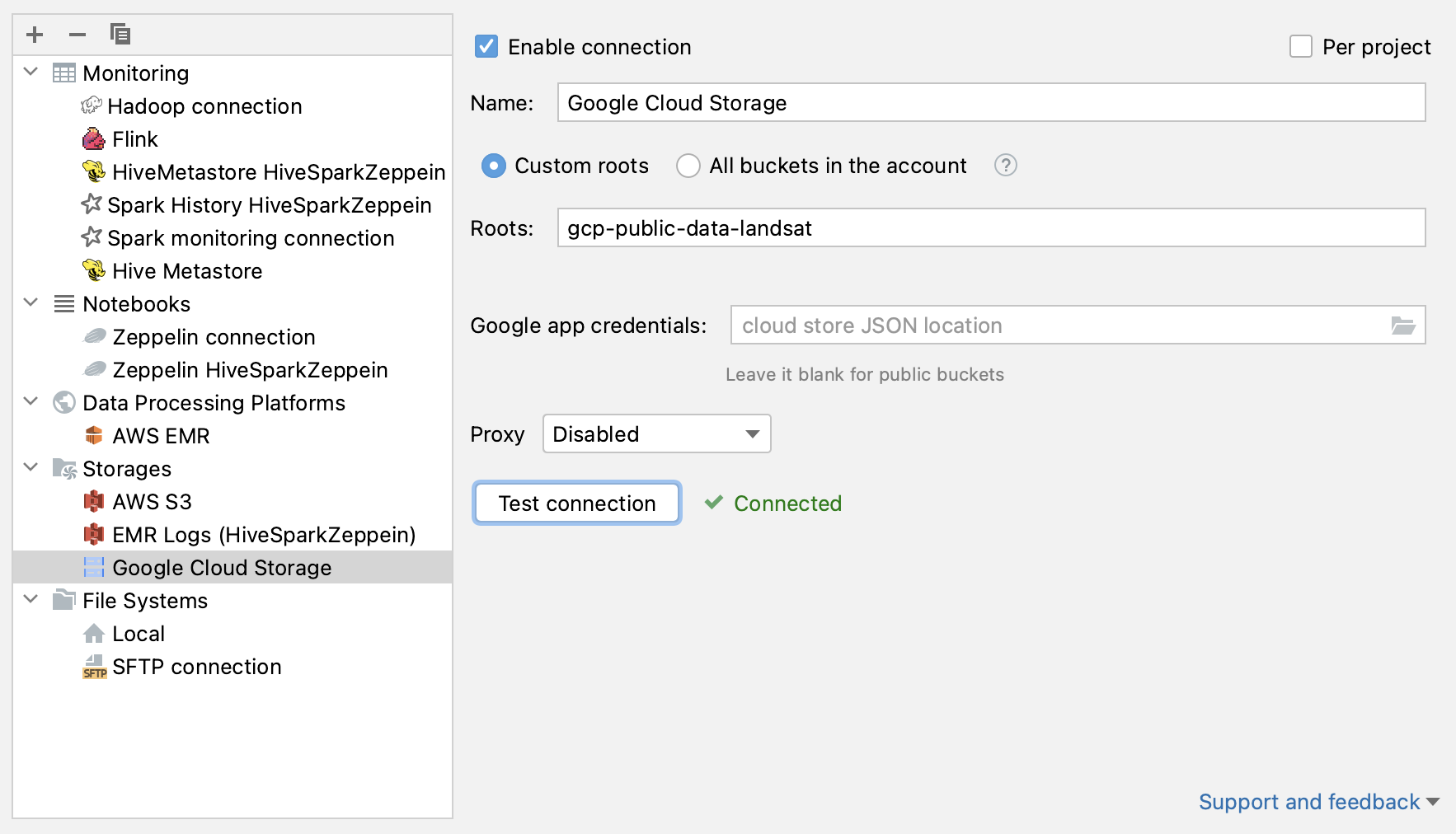 Connection settings for Google Cloud Storage