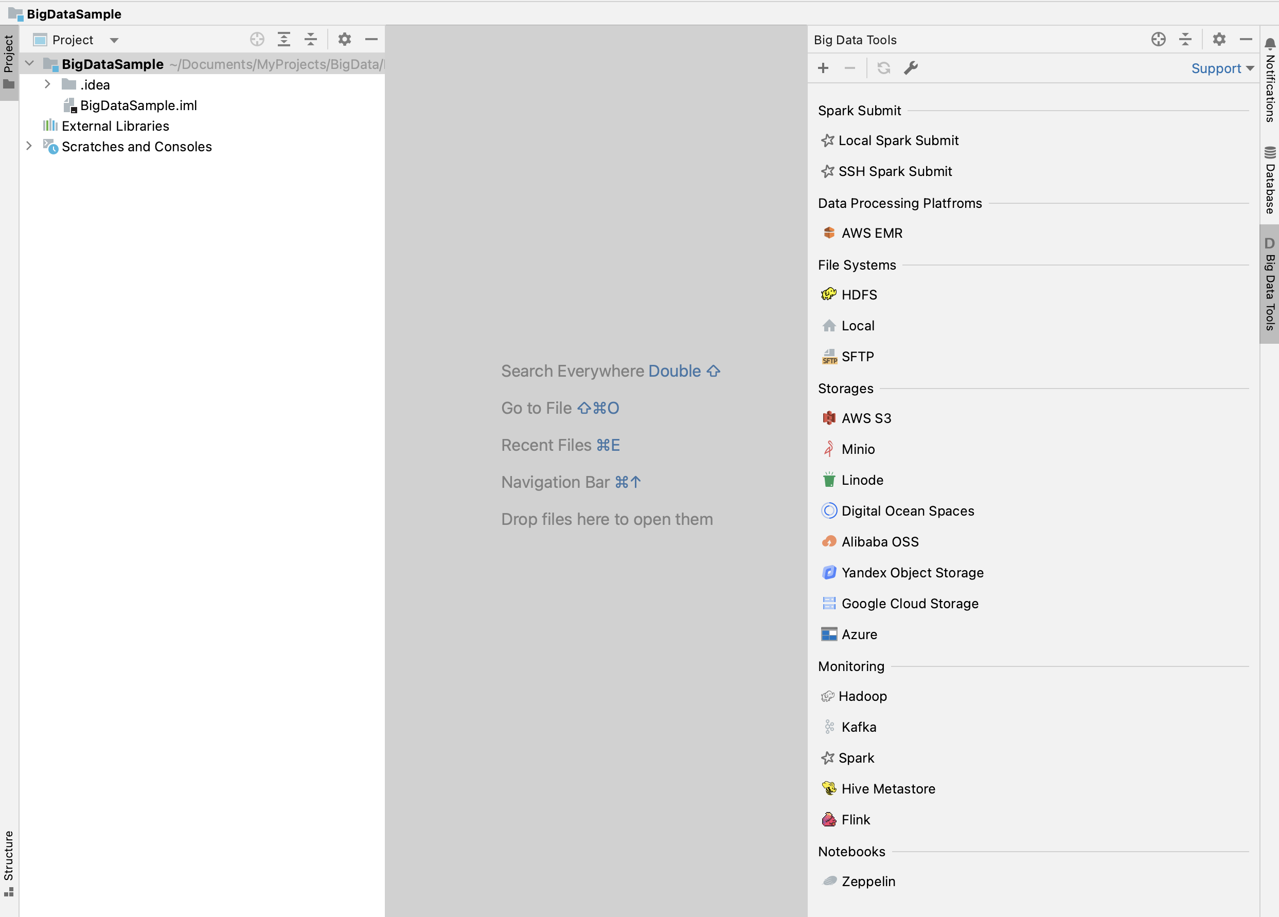 The view of IDEA Ultimate after the Big Data Tools plugin is installed