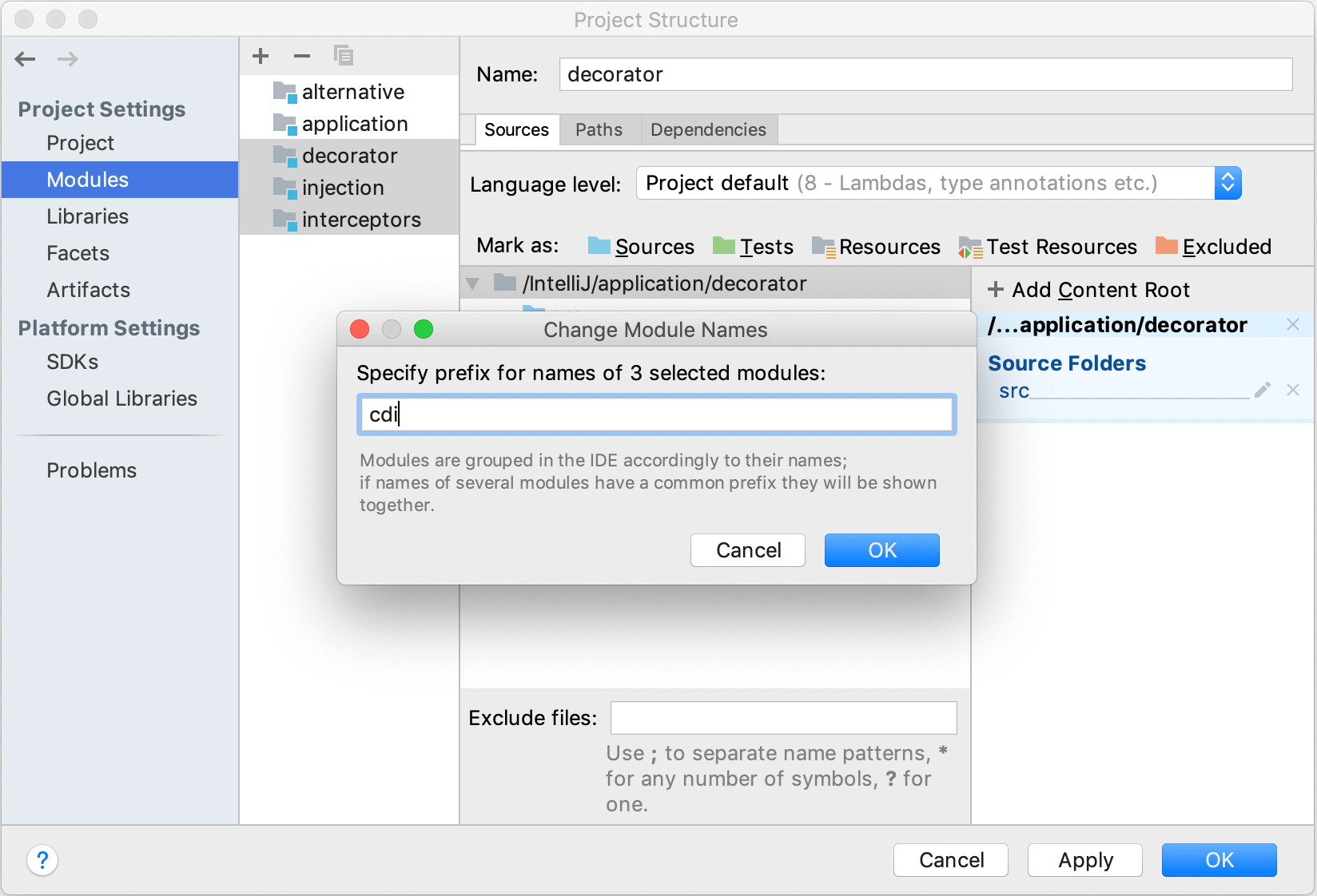 Grouping modules using a prefix