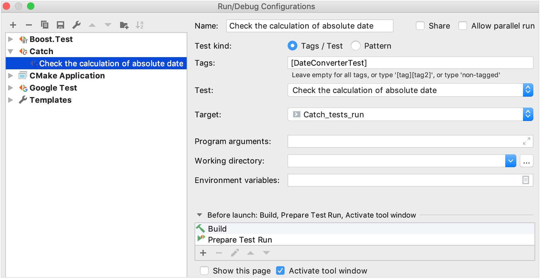 Catch run/debug configuration