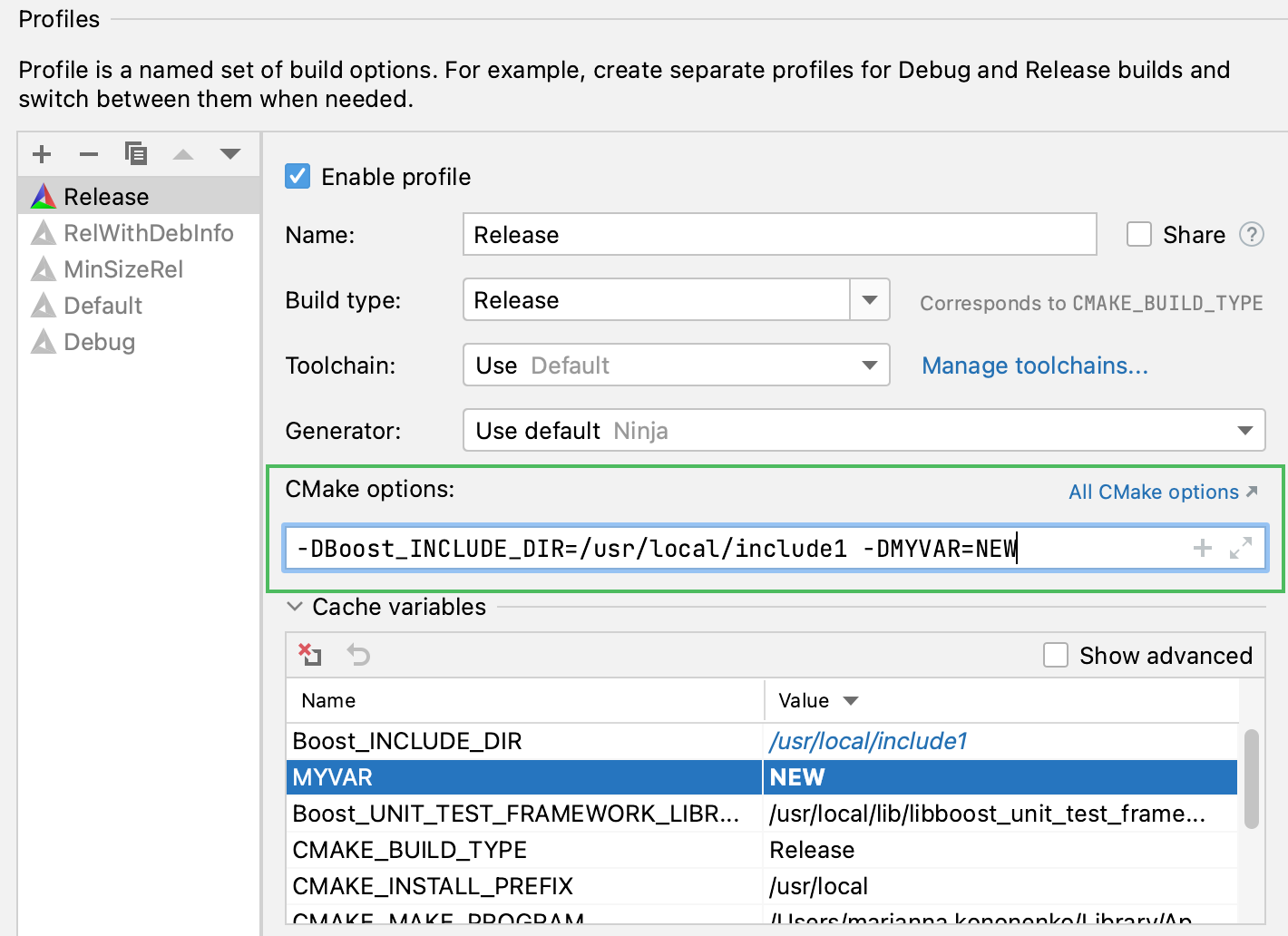 Setting compiler flags in CMake options