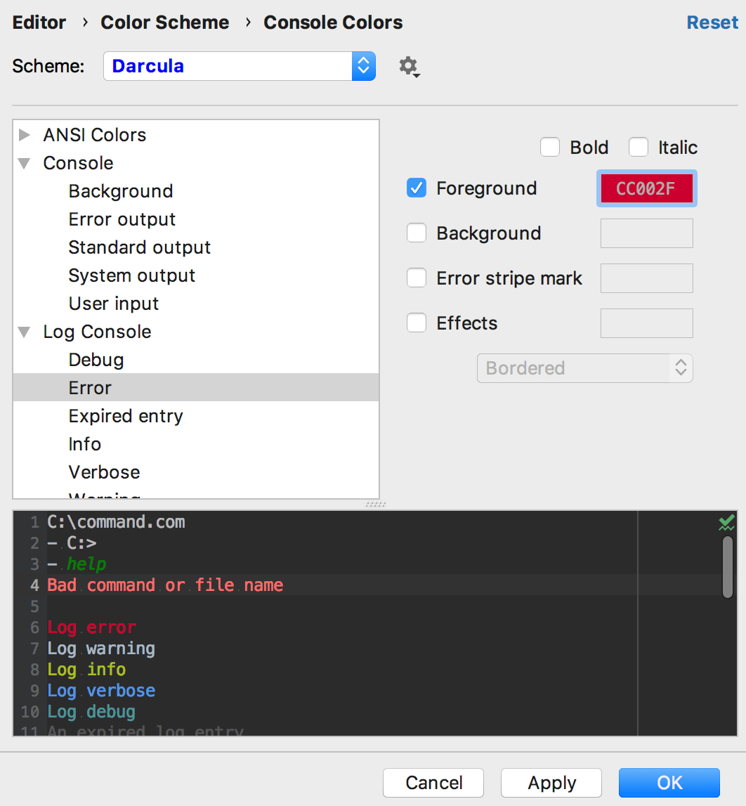 Console color scheme settings