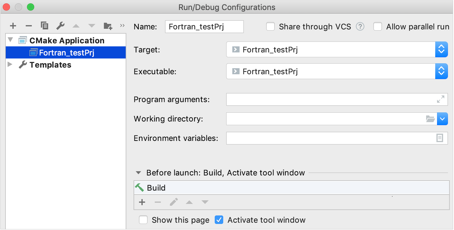 CMake run/debug configuration for Fortran