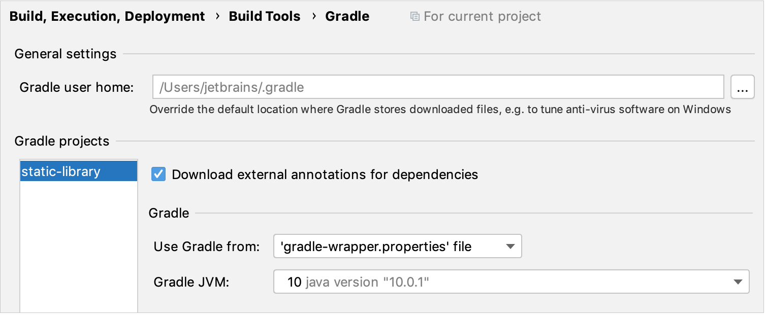 Gradle project settings