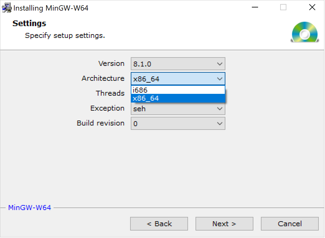 Selecting the 64-bit architecture for MinGW