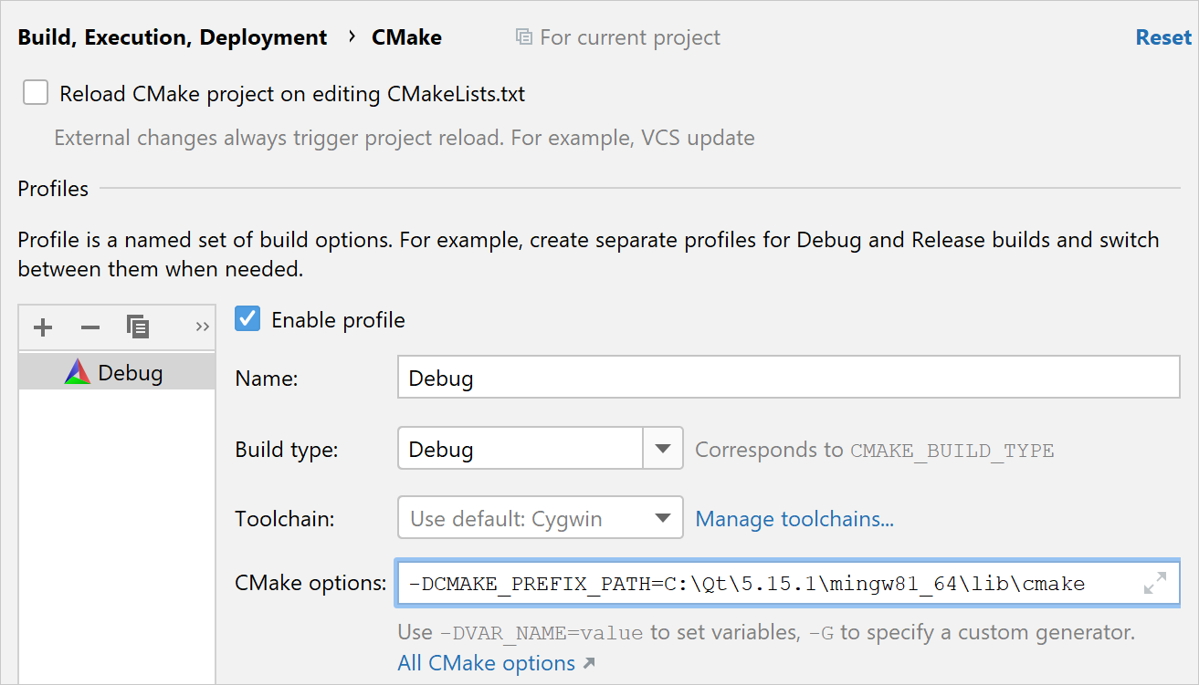 CMake options for a Qt project