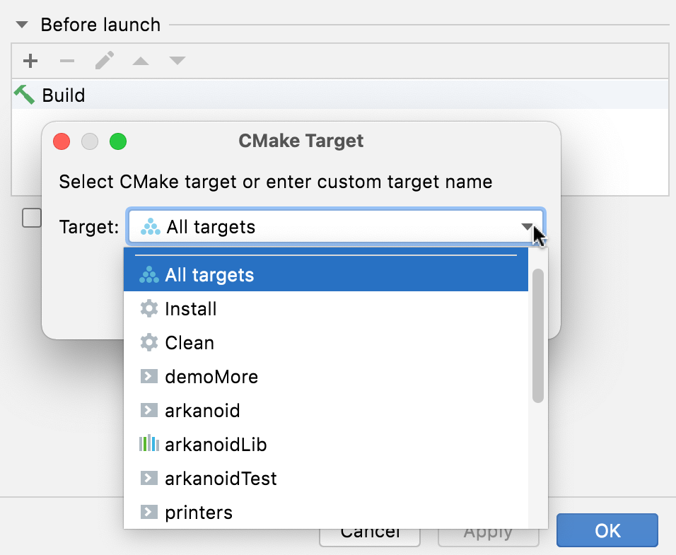 Adding CMake targets before launch