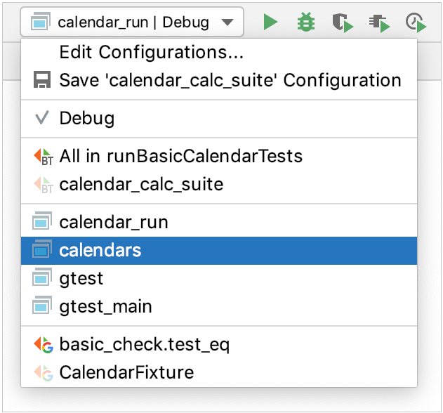 Run/debug configuration switcher