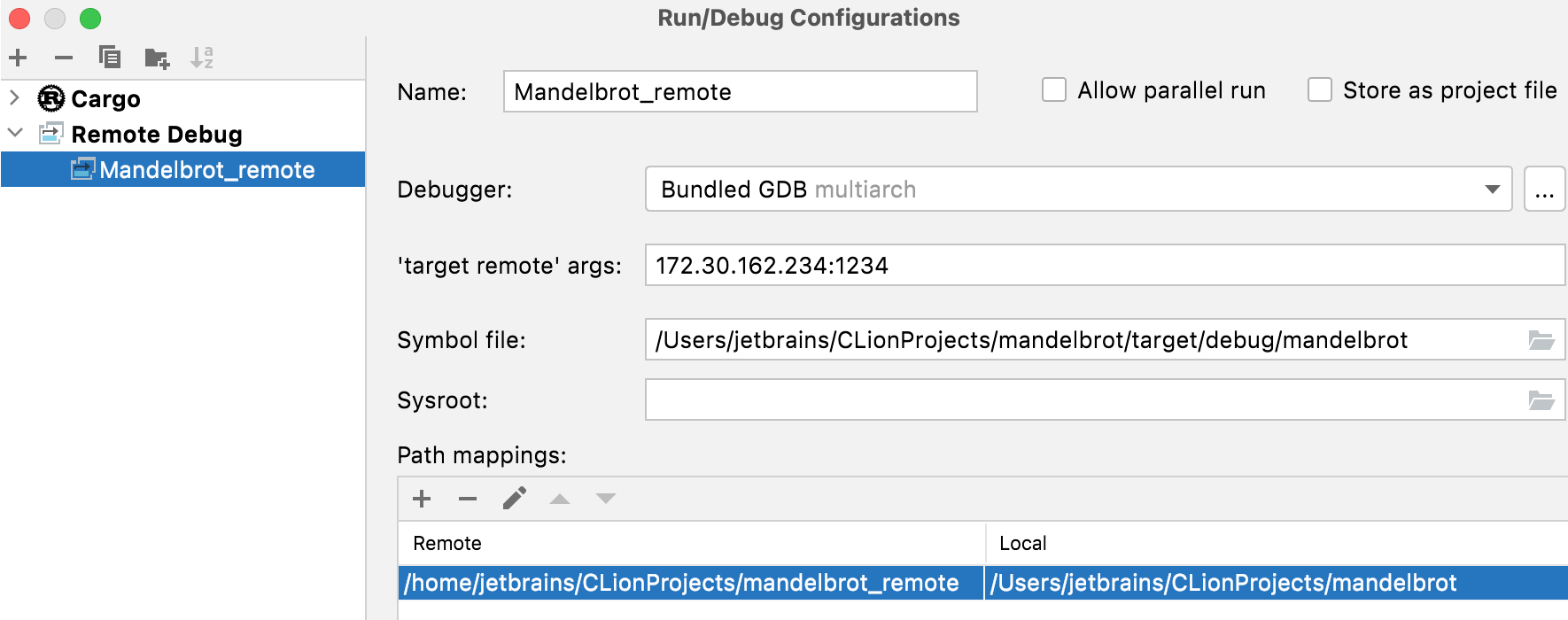 GDB remote debug configuration for a Rust project