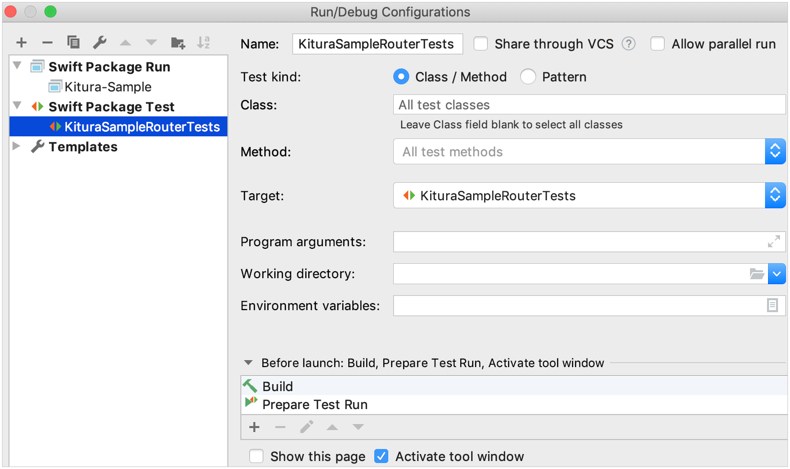 run/debug configuration settings