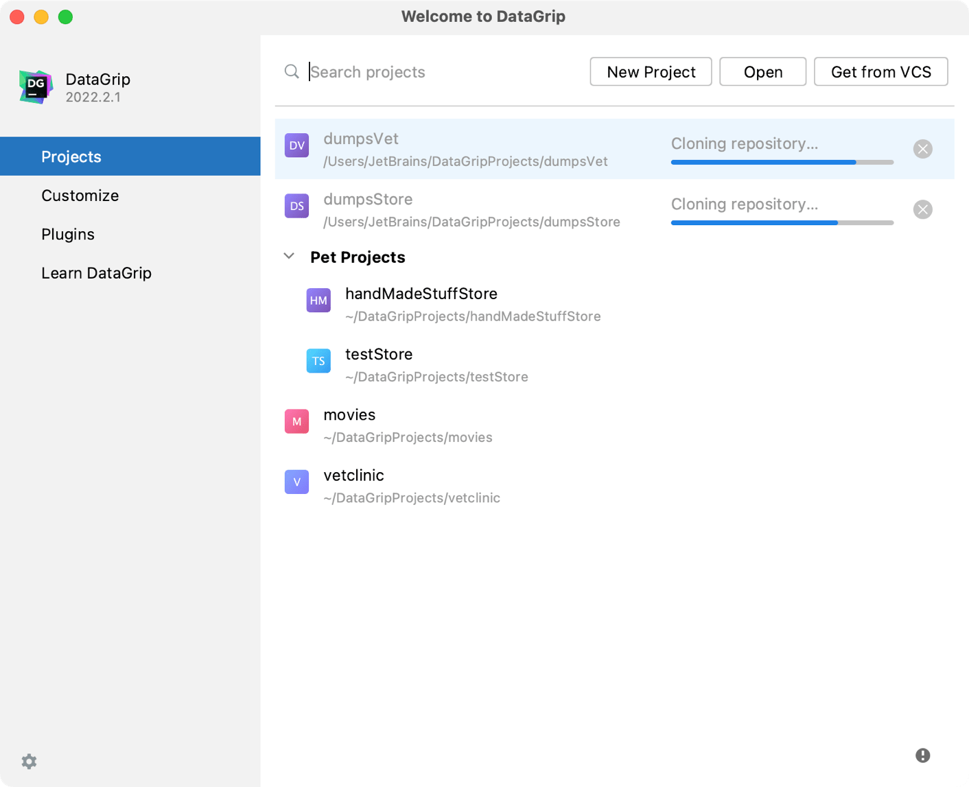 Welcome Screen with a list of projects Welcome Screen with a list of projects