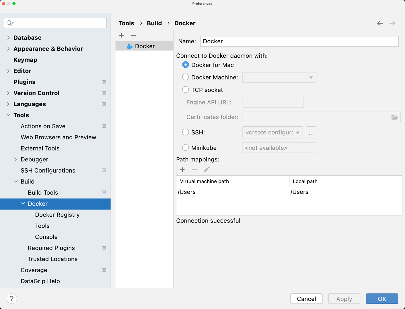 The Docker connection settings