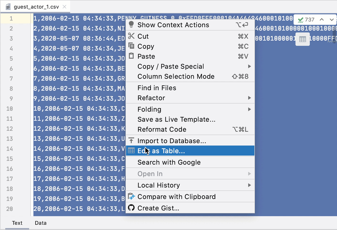 Edit CSV and TSV files in table mode