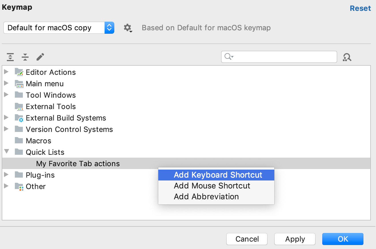 the Quick lists settings