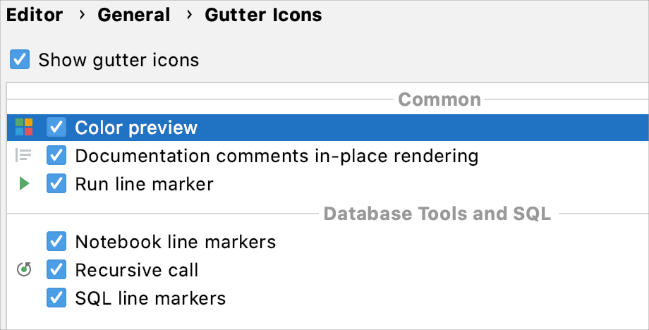Gutter icons settings in the Preferences dialog
