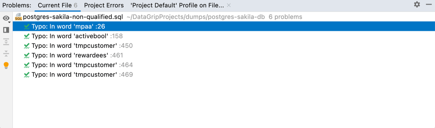 DataGrip: Problems tool window. Current File tab DataGrip: Problems tool window. Current File tab