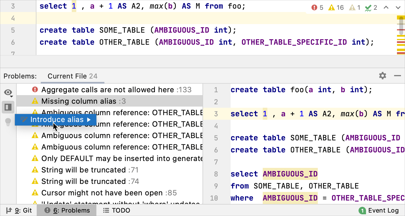 Detected problems shown in the Problems tool window Detected problems shown in the Problems tool window