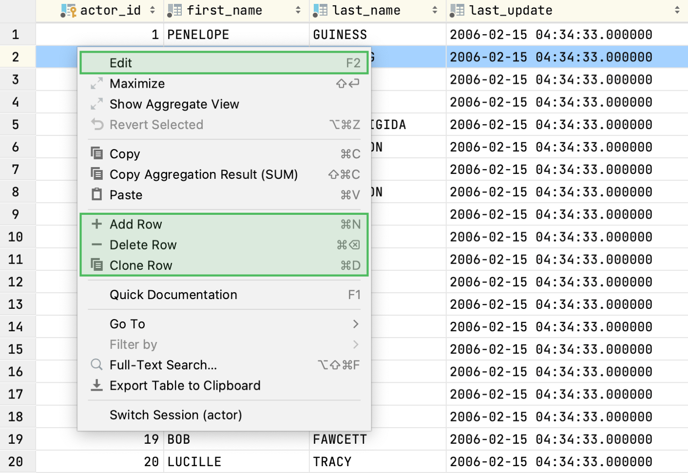 rows in the data editor