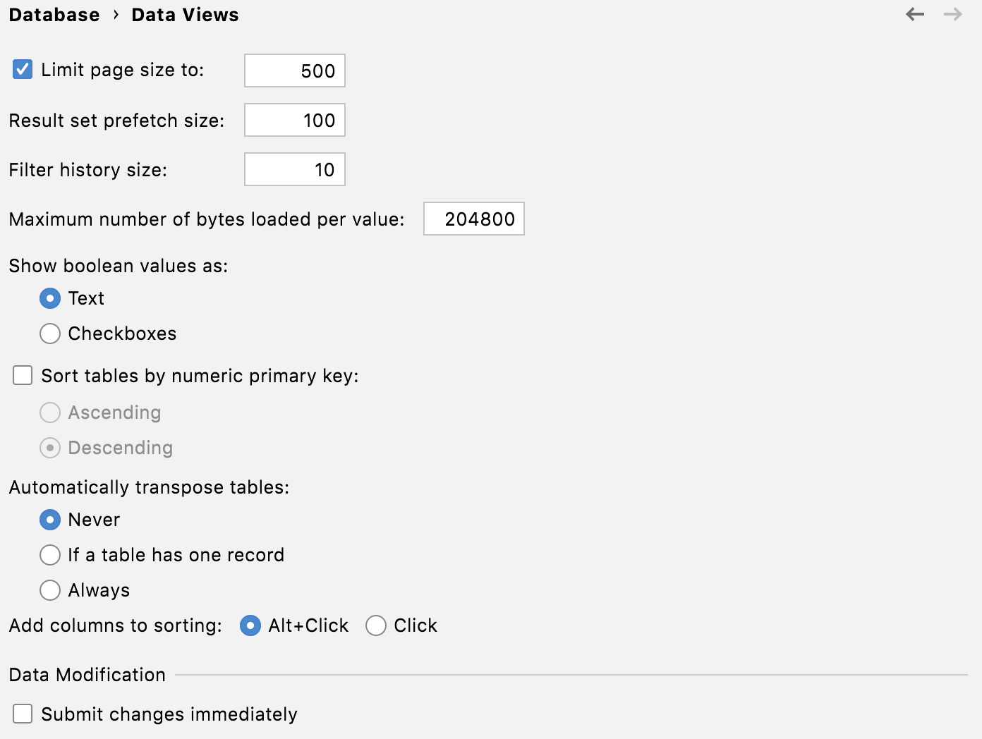 The Data Views menu of the Database settings