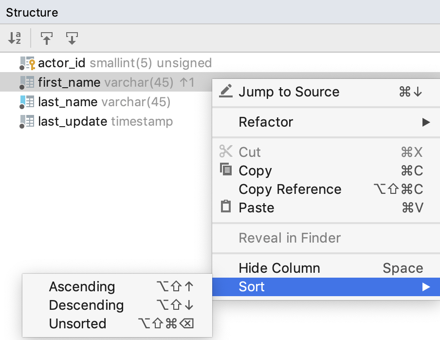 Operations with columns in the structure view