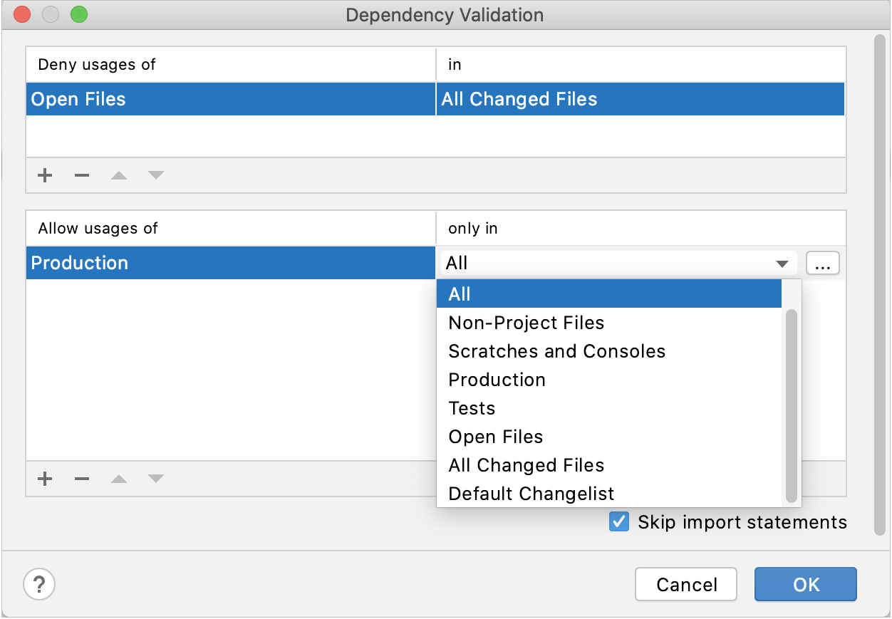 the Dependency Validation dialog