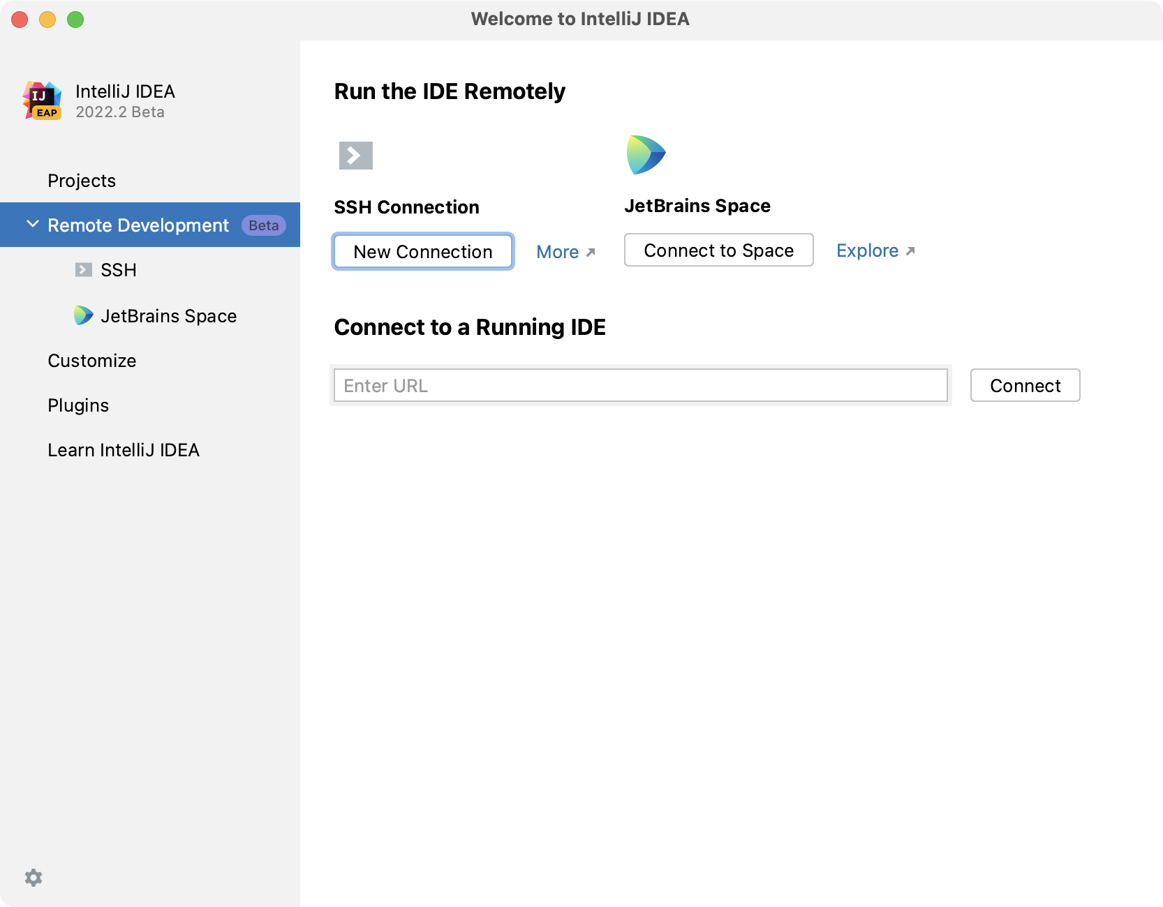 Configuring remote development settings on Welcome screen