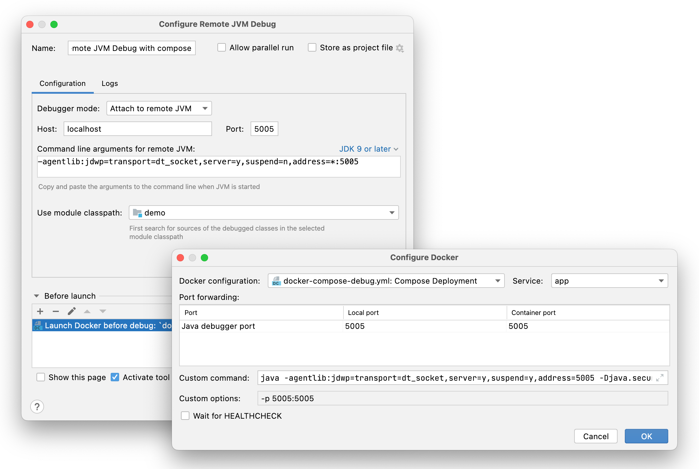 Configure remote JVM debug for Docker Compose