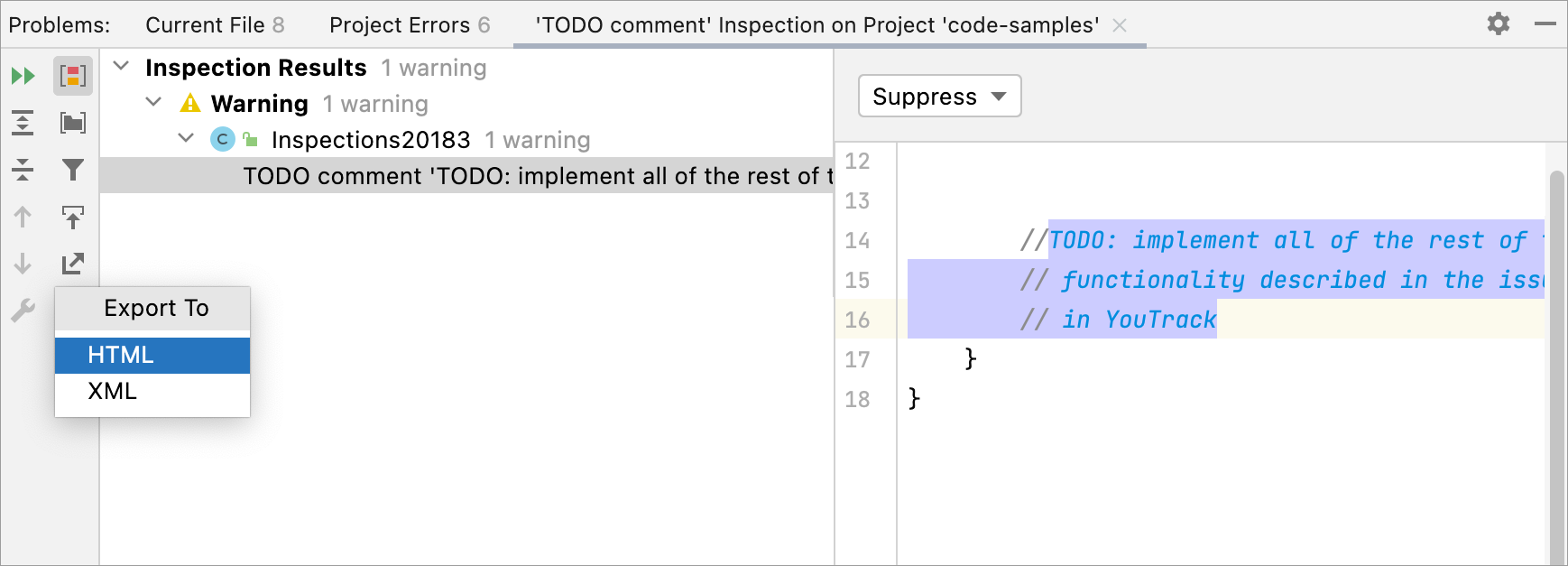 The Export button in the Inspection Results tool window