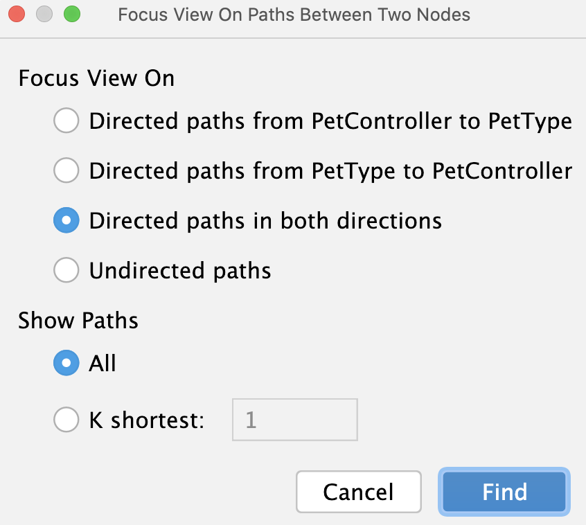 the Focus on Paths between Two Nodes dialog