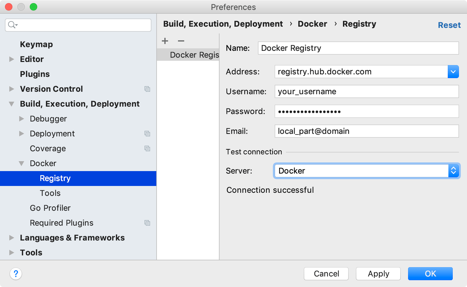 The Docker Registry dialog