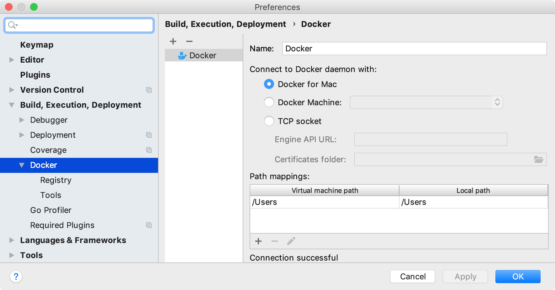 The Docker connection settings