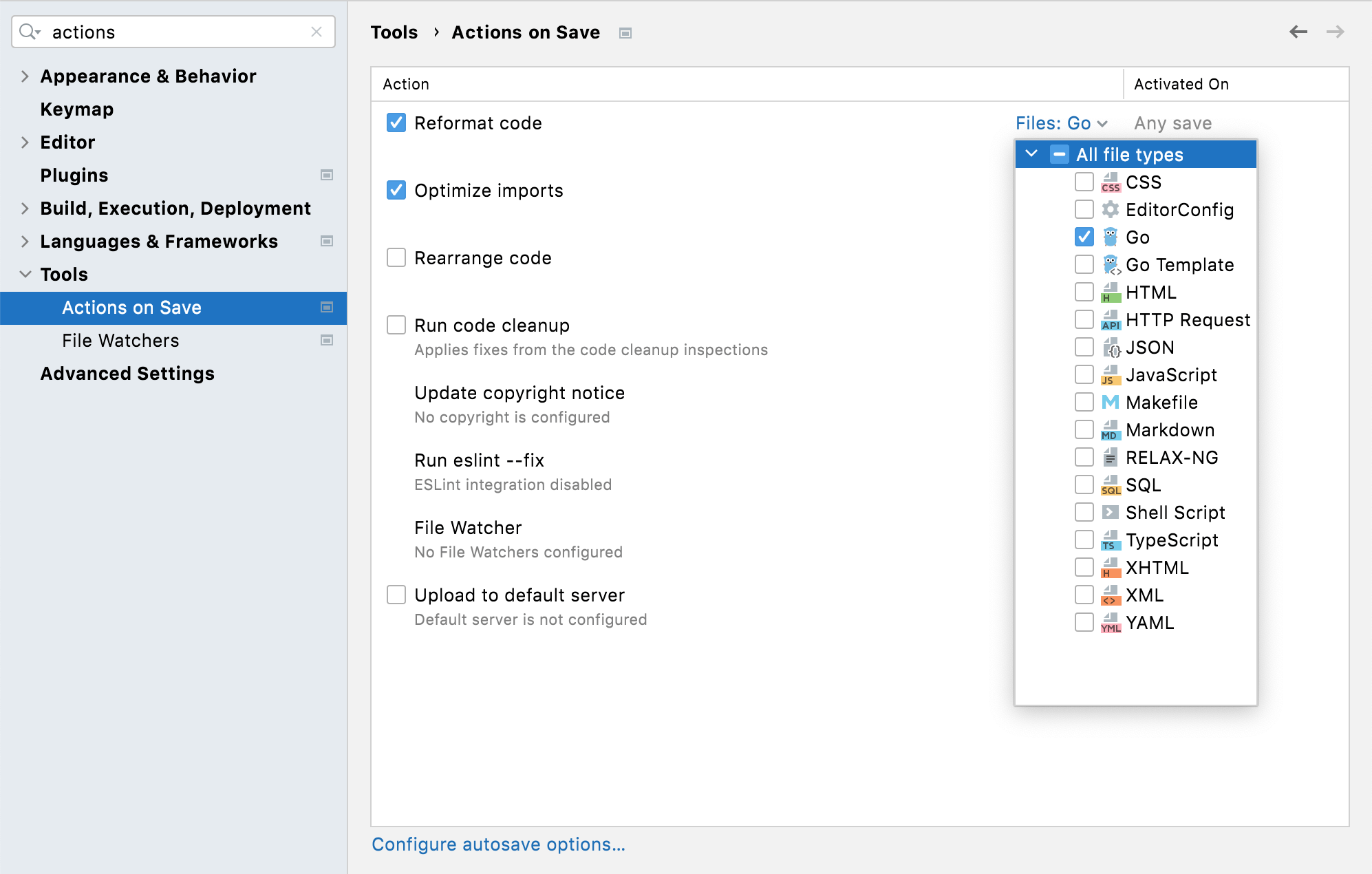 Settings/Preferences: Actions on save