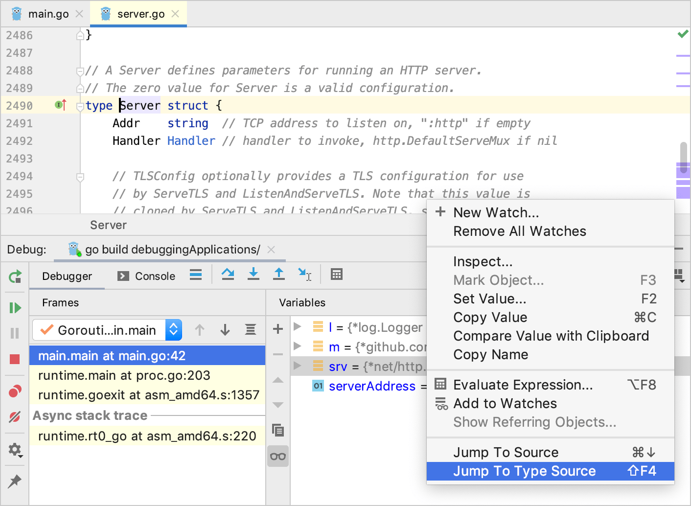 Jump to Type Source takes you to the place where the type of the variable is defined