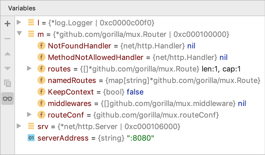 The Variables tab shows you the variables visible from the current execution point