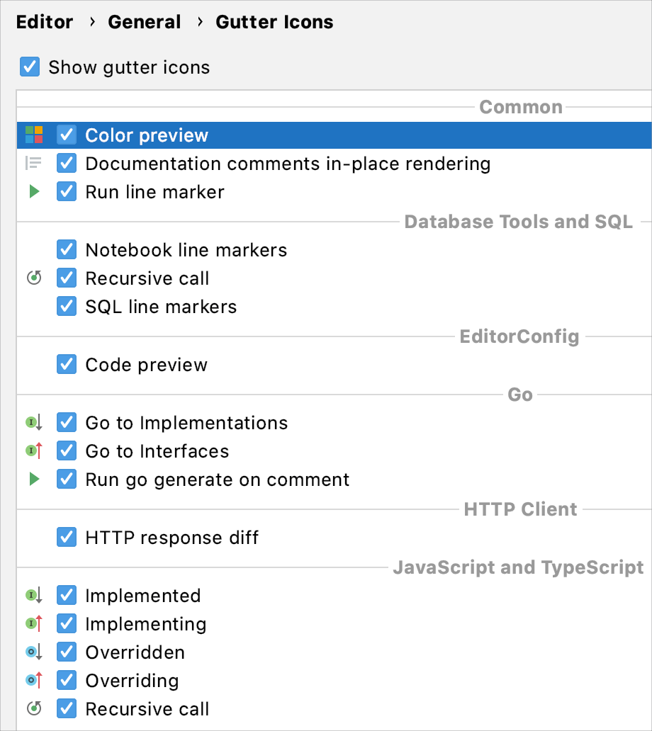 Gutter icons settings in the Preferences dialog