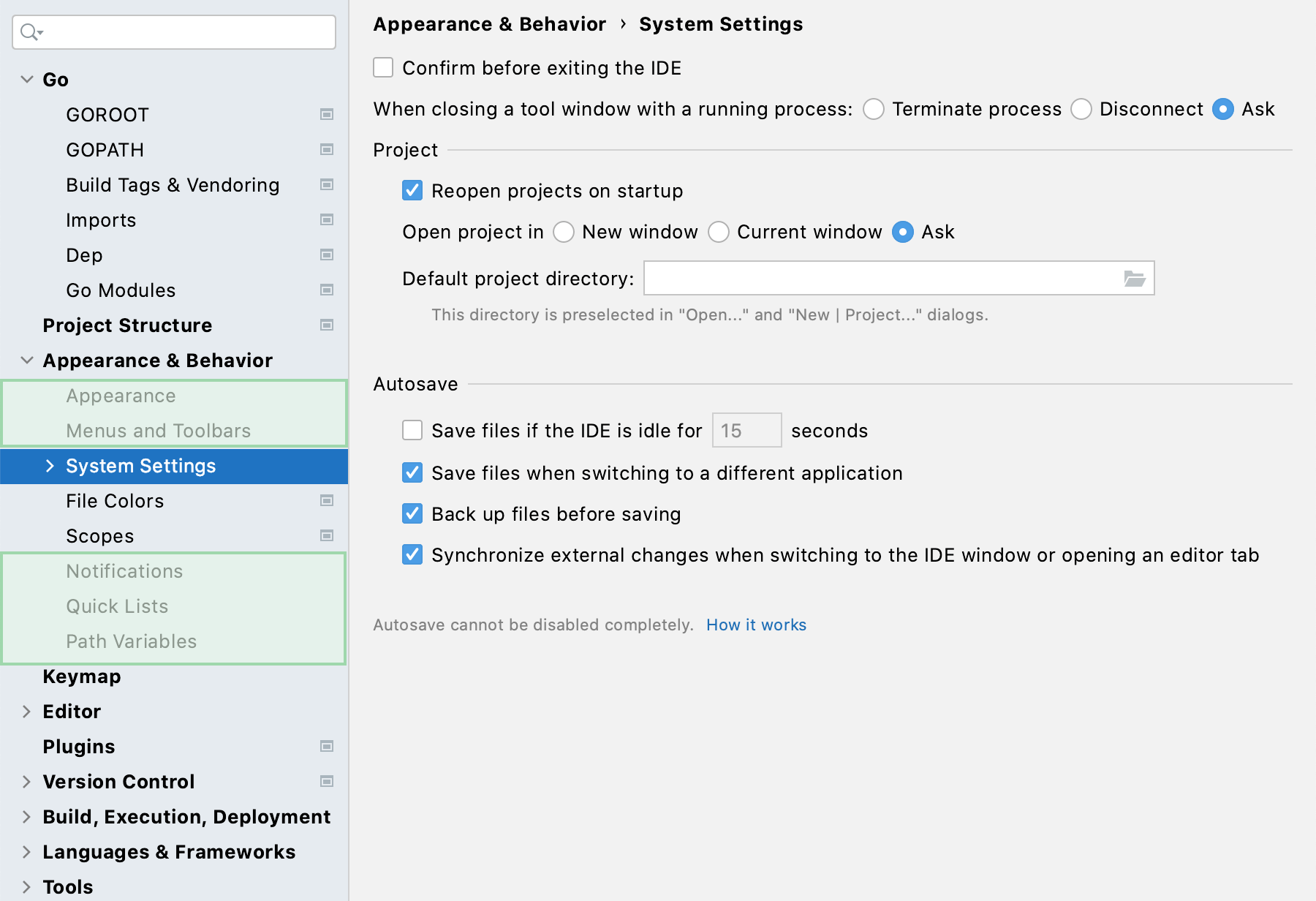 Global settings marked in the Settings/Preferences dialog