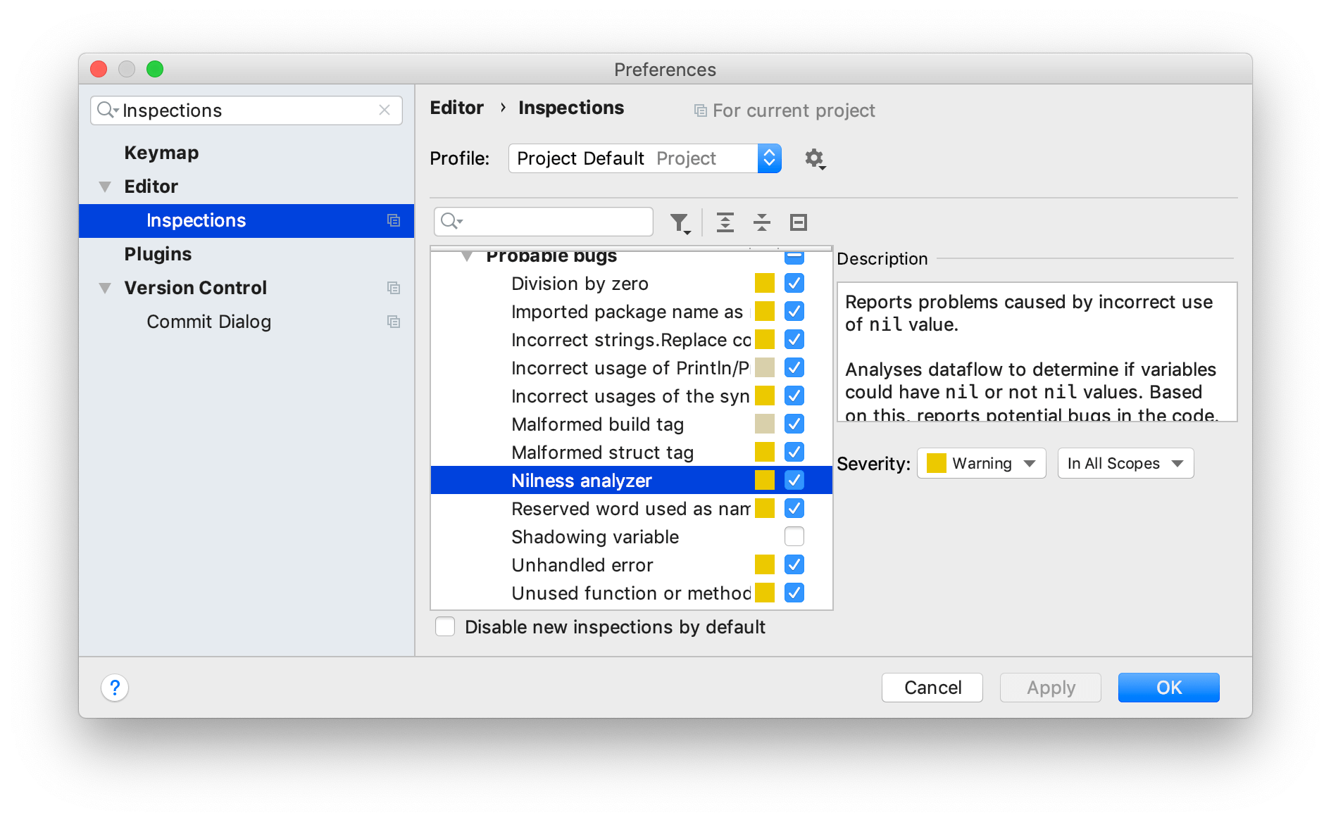 The list of inspections and their settings