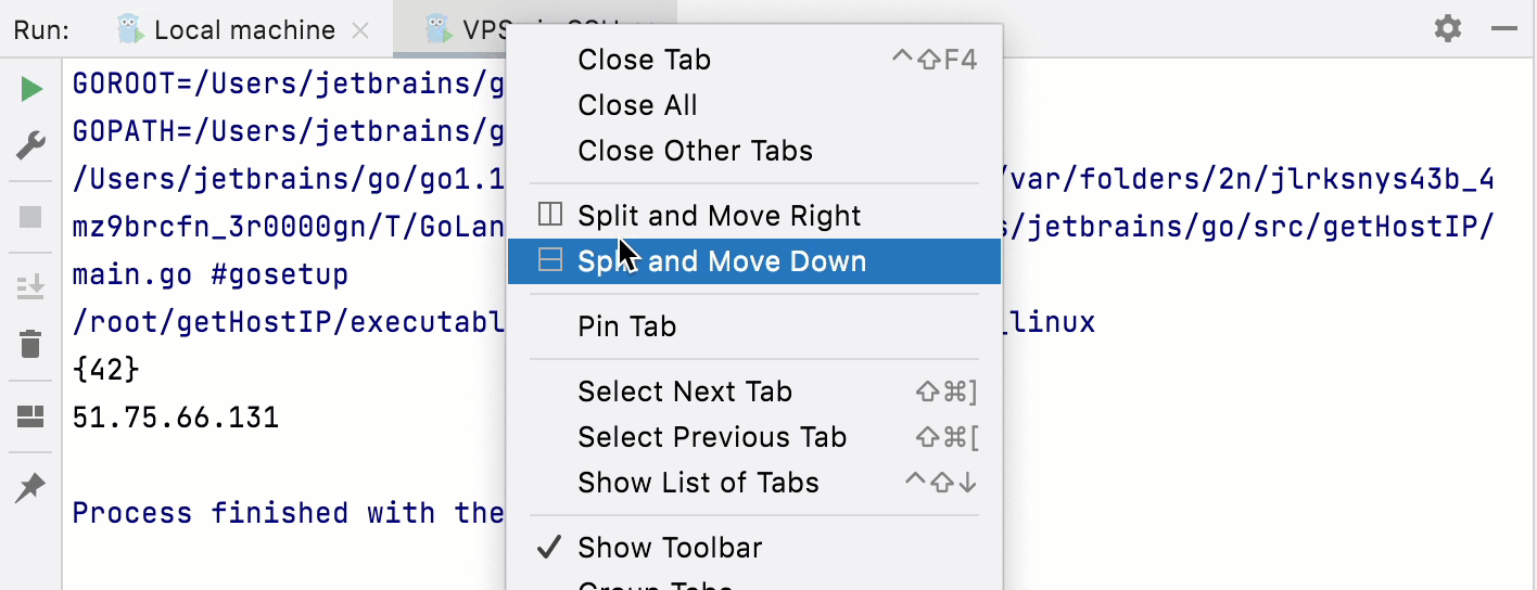 Split tabs in the Run tool window
