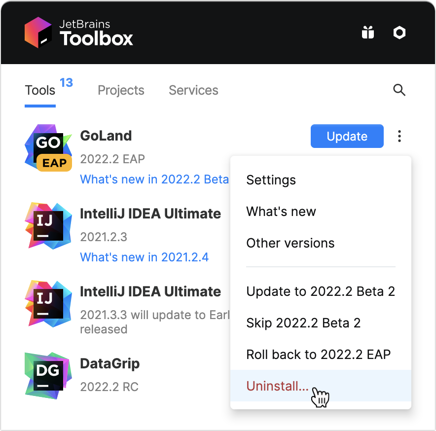 Uninstall GoLand using the Toolbox App