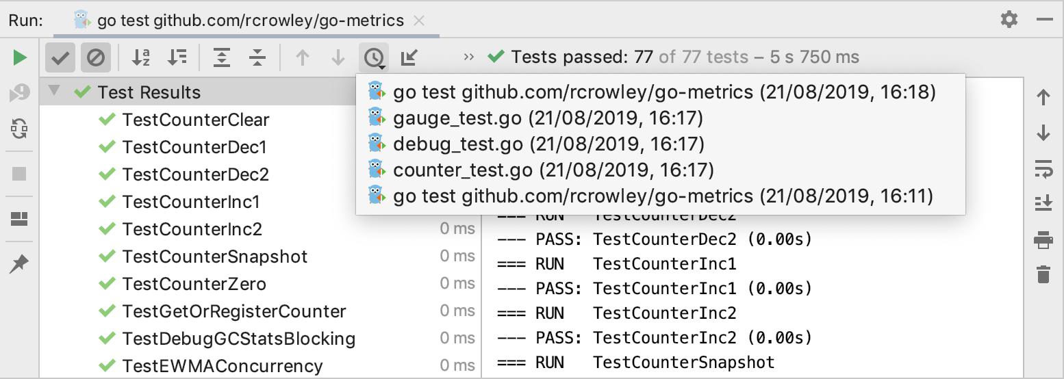 Viewing results of previous tests