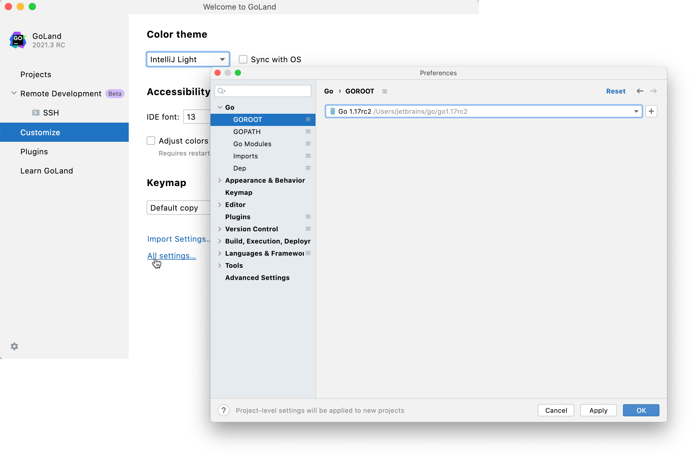 Configuring new default settings for projects